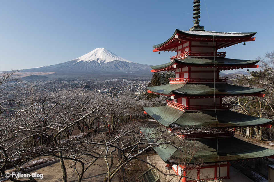 【富士山写真】少し雪の降った朝の新倉山浅間公園（忠霊塔）からの富士山